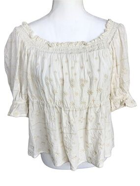 Old Navy Petite Large Embroidered Peasant Top Cream Floral Cottagecore Bo
